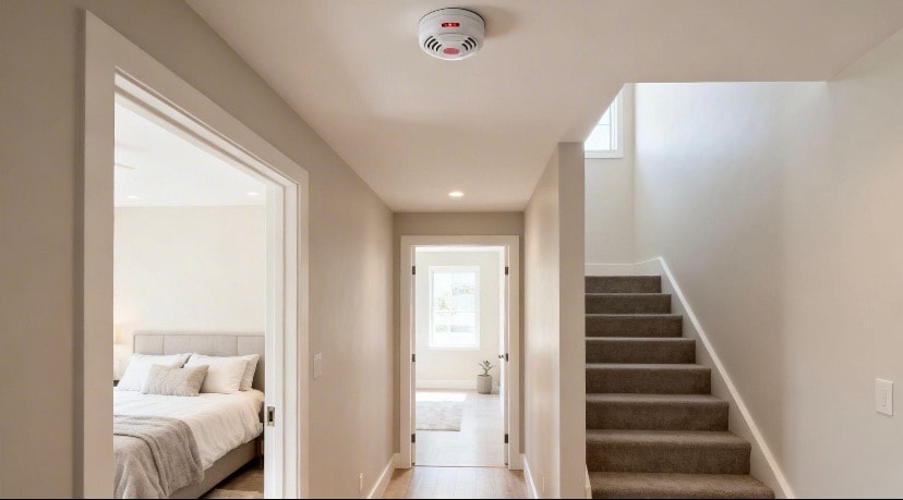 Residential hallway with smoke detector